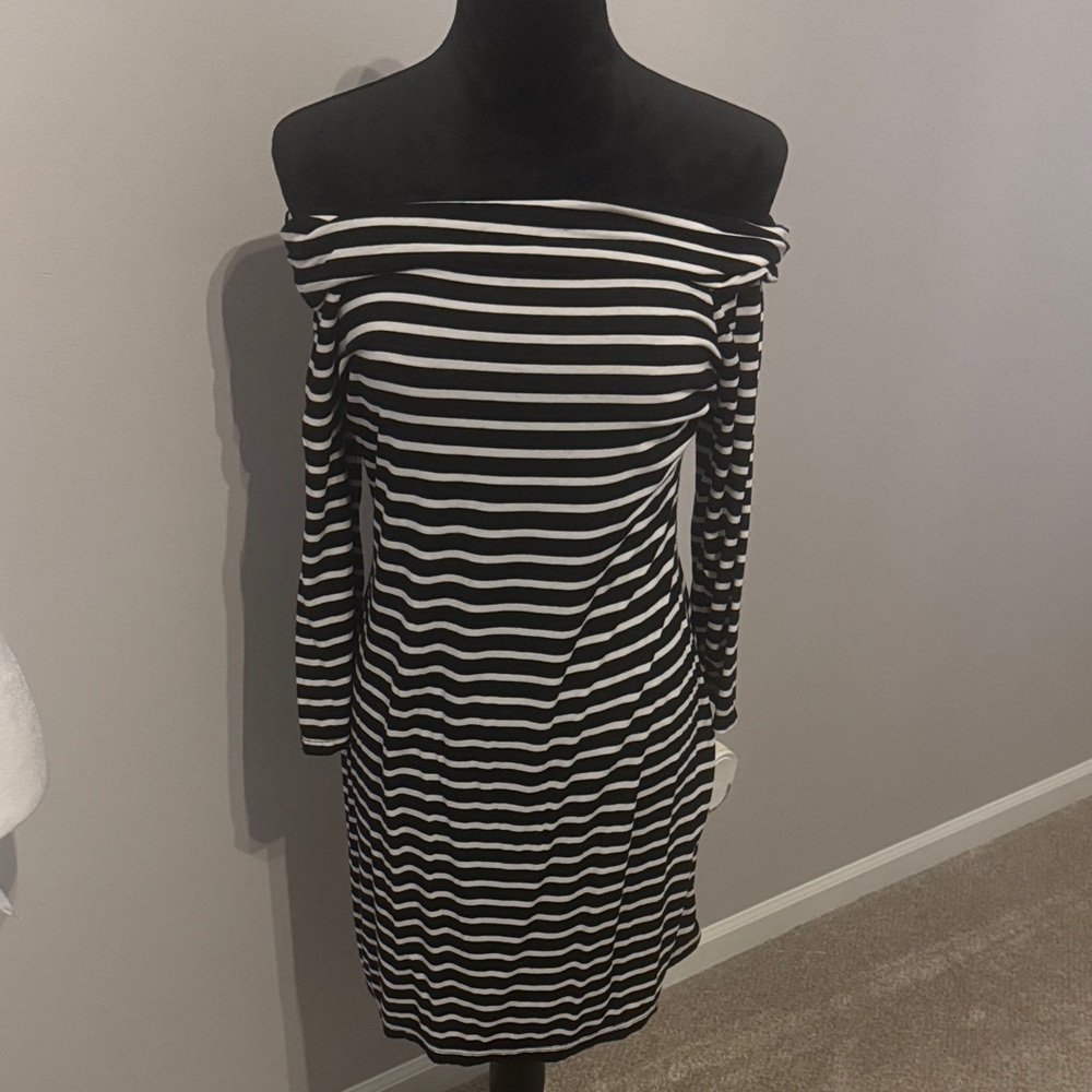 White House Black Market Black and White Striped Midi Dress